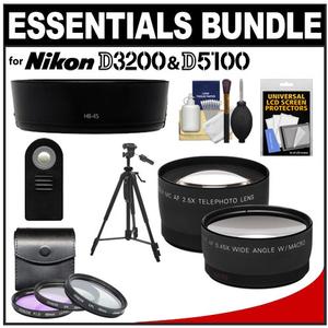 Essentials Bundle for Nikon D3100  D3200 & D5100 Digital SLR Camera and 18-55mm VR Lens with 3 (UV/FLD/CPL) Filters + Hood + Tripod + Tele/Wide Lenses + ML-L3 R - Digital Cameras and Accessories - Hip Lens.com