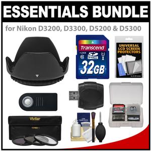 Essentials Bundle for Nikon D3200 D3300 D5200 D5300 D5500 Camera & 18-55mm VR Lens with 32GB Card + 3 (UV\/CPL\/ND8) Filters + Hood + ML-L3 Remote + Accessory Kit Essentials Bundle for Nikon D3200 D3300 D5200 D5300 D5500 Camera & 18-55mm VR Lens with 32GB Card + 3 (UV\/CPL\/ND8) Filters + Hood + ML-L3 Remote + Accessory Kit