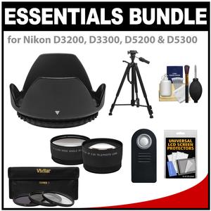 Essentials Bundle for Nikon D3200 D3300 D5200 D5300 D5500 Camera & 18-55mm VR Lens with 3 (UV\/CPL\/ND8) Filters + Hood + Tripod + Tele\/Wide Lenses + ML-L3 Remote Kit Essentials Bundle for Nikon D3200 D3300 D5200 D5300 D5500 Camera & 18-55mm VR Lens with 3 (UV\/CPL\/ND8) Filters + Hood + Tripod + Tele\/Wide Lenses + ML-L3 Remote Kit