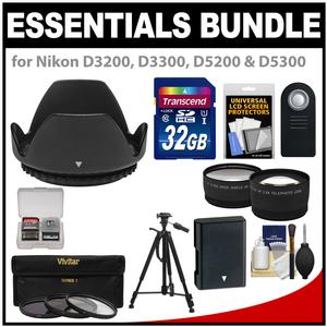 Essentials Bundle for Nikon D3200 D3300 D5200 D5300 D5500 Camera & 18-55mm VR Lens with 32GB Card + EN-EL14 Battery + 3 Filters + Hood + Tripod + 2 Lenses Set + Remote Kit Essentials Bundle for Nikon D3200 D3300 D5200 D5300 D5500 Camera & 18-55mm VR Lens with 32GB Card + EN-EL14 Battery + 3 Filters + Hood + Tripod + 2 Lenses Set + Remote Kit