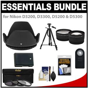 Essentials Bundle for Nikon D3200 D3300 D5200 D5300 D5500 Camera & 18-55mm VR Lens with EN-EL14 Battery + 3 Filters + Hood + Tripod + Tele\/Wide Lenses + ML-L3 Remote Kit