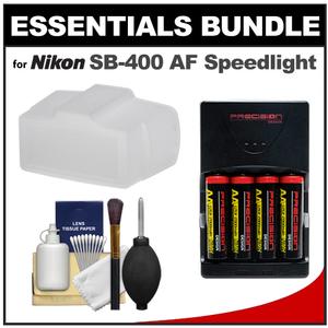 Essentials Bundle for Nikon SB-400 AF Speedlight Flash with Batteries/Charger + Bounce Flash Diffuser + Cleaning Kit