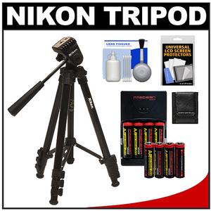 Nikon 44" Compact Photo Tripod with 2-Way Panhead (Black) with (8) AA Batteries & Charger + Cleaning Accessory Kit - Digital Cameras and Accessories - Hip Lens.com