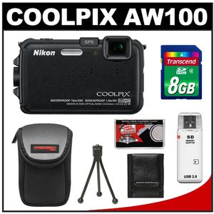 Nikon Coolpix AW100 Shock & Waterproof GPS Digital Camera (Black) with 8GB Card + Case + Accessory Kit - Digital Cameras and Accessories - Hip Lens.com
