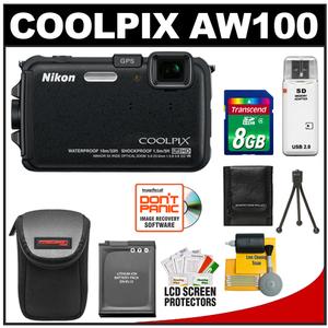 Nikon Coolpix AW100 Shock & Waterproof GPS Digital Camera (Black) with 8GB Card + Battery + Case + Cleaning & Accessory Kit - Digital Cameras and Accessories - Hip Lens.com