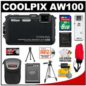 Nikon Coolpix AW100 Shock & Waterproof GPS Digital Camera (Black) with 8GB Card + Battery + Case + Tripod + Floating Strap + Cleaning & Accessory Kit - Digital Cameras and Accessories - Hip Lens.com