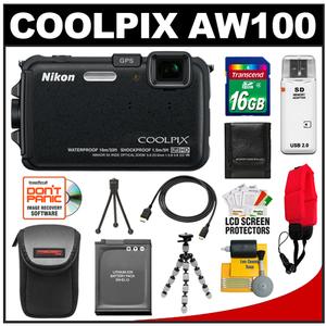 Nikon Coolpix AW100 Shock & Waterproof GPS Digital Camera (Black) with 16GB Card + Battery + Case + Floating Strap + HDMI Cable + Flex Tripod + Kit - Digital Cameras and Accessories - Hip Lens.com