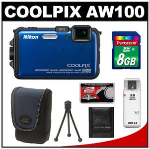 Nikon Coolpix AW100 Shock & Waterproof GPS Digital Camera (Blue) with 8GB Card + Case + Accessory Kit - Digital Cameras and Accessories - Hip Lens.com
