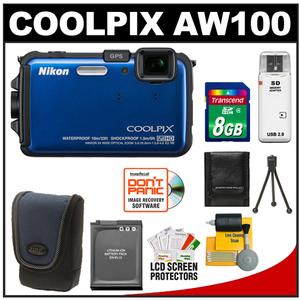 Nikon Coolpix AW100 Shock & Waterproof GPS Digital Camera (Blue) with 8GB Card + Battery + Case + Cleaning & Accessory Kit - Digital Cameras and Accessories - Hip Lens.com
