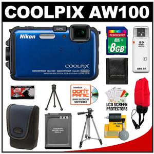 Nikon Coolpix AW100 Shock & Waterproof GPS Digital Camera (Blue) with 8GB Card + Battery + Case + Tripod + Floating Strap + Cleaning & Accessory Kit - Digital Cameras and Accessories - Hip Lens.com