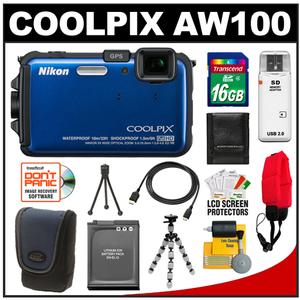 Nikon Coolpix AW100 Shock & Waterproof GPS Digital Camera (Blue) with 16GB Card + Battery + Case + Floating Strap + HDMI Cable + Flex Tripod + Kit - Digital Cameras and Accessories - Hip Lens.com