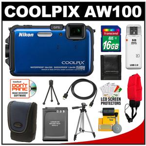 Nikon Coolpix AW100 Shock & Waterproof GPS Digital Camera (Blue) with 16GB Card + Battery + Case + Tripod + Floating Strap + HDMI Cable + Cleaning Kit - Digital Cameras and Accessories - Hip Lens.com