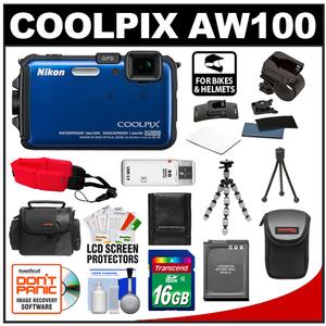 Nikon Coolpix AW100 Shock & Waterproof GPS Digital Camera (Blue) with 16GB Card + Handlebar & Helmet Mount + Battery + Case + Floating Strap + Tripod + Kit - Digital Cameras and Accessories - Hip Lens.com