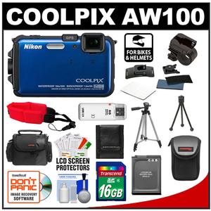 Nikon Coolpix AW100 Shock & Waterproof GPS Digital Camera (Blue) with 16GB Card + Handlebar & Helmet Mount + Battery + Case + Floating Strap + Tripod + Kit - Digital Cameras and Accessories - Hip Lens.com