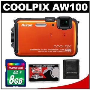 Nikon Coolpix AW100 Shock & Waterproof GPS Digital Camera (Orange) - Refurbished with 8GB Card + Accessory Kit - Digital Cameras and Accessories - Hip Lens.com
