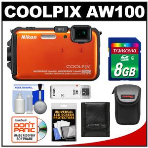 Nikon Coolpix AW100 Shock & Waterproof GPS Digital Camera (Orange) - Refurbished with 8GB Card + Accessory Kit - Digital Cameras and Accessories - Hip Lens.com