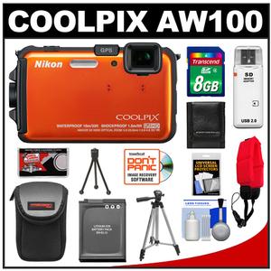Nikon Coolpix AW100 Shock & Waterproof GPS Digital Camera (Orange) - Refurbished with 8GB Card + Battery + Case + Tripod + Floating Strap + Accessory Kit - Digital Cameras and Accessories - Hip Lens.com