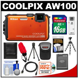Nikon Coolpix AW100 Shock & Waterproof GPS Digital Camera (Orange) - Refurbished with 16GB Card + Battery + Case + Floating Strap + HDMI Cable + Flex Tripod + K - Digital Cameras and Accessories - Hip Lens.com