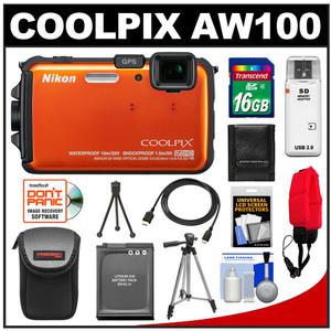 Nikon Coolpix AW100 Shock & Waterproof GPS Digital Camera (Orange) - Refurbished with 16GB Card + Battery + Case + Tripod + Floating Strap + HDMI Cable + Access - Digital Cameras and Accessories - Hip Lens.com