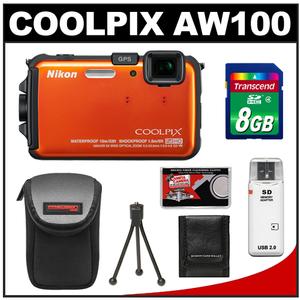 Nikon Coolpix AW100 Shock & Waterproof GPS Digital Camera (Orange) with 8GB Card + Case + Accessory Kit - Digital Cameras and Accessories - Hip Lens.com