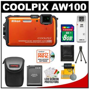Nikon Coolpix AW100 Shock & Waterproof GPS Digital Camera (Orange) with 8GB Card + Battery + Case + Cleaning & Accessory Kit - Digital Cameras and Accessories - Hip Lens.com