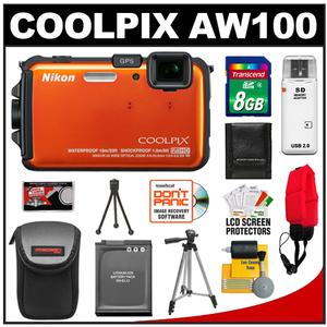 Nikon Coolpix AW100 Shock & Waterproof GPS Digital Camera (Orange) with 8GB Card + Battery + Case + Tripod + Floating Strap + Cleaning & Accessory Kit - Digital Cameras and Accessories - Hip Lens.com
