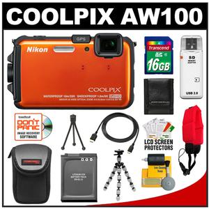 Nikon Coolpix AW100 Shock & Waterproof GPS Digital Camera (Orange) with 16GB Card + Battery + Case + Floating Strap + HDMI Cable + Flex Tripod + Kit - Digital Cameras and Accessories - Hip Lens.com
