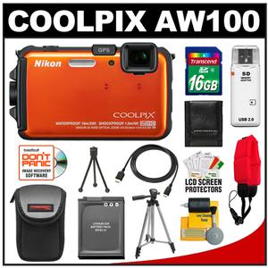 Nikon Coolpix AW100 Shock & Waterproof GPS Digital Camera (Orange) with 16GB Card + Battery + Case + Tripod + Floating Strap + HDMI Cable + Cleaning Kit - Digital Cameras and Accessories - Hip Lens.com