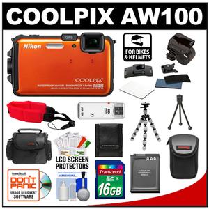 Nikon Coolpix AW100 Shock & Waterproof GPS Digital Camera (Orange) with 16GB Card + Handlebar & Helmet Mount + Battery + Case + Floating Strap + Tripod + Kit - Digital Cameras and Accessories - Hip Lens.com