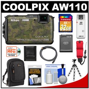 Nikon Coolpix AW110 Shock &amp; Waterproof GPS Wi-Fi Digital Camera (Camouflage) with 32GB Card + Battery + Case + Float Strap + HDMI Cable + Flex Tripod + Accessory Kit