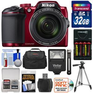 Nikon Coolpix B500 Wi-Fi Digital Camera (Red) - Factory Refurbished with 32GB Card + Batteries & Charger + Case + Tripod + Flash + Kit