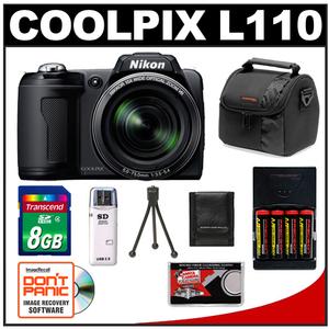 Nikon Coolpix L110 Digital Camera (Matte Black) - Refurbished with 8GB Card + (4) Batteries & Charger + Case + Accessory Kit - Digital Cameras and Accessories - Hip Lens.com