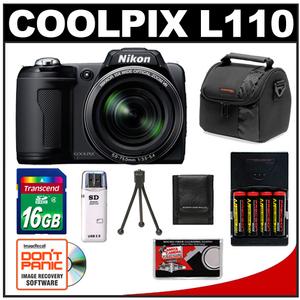 Nikon Coolpix L110 Digital Camera (Matte Black) - Refurbished with 16GB Card + (4) Batteries & Charger + Case + Accessory Kit - Digital Cameras and Accessories - Hip Lens.com
