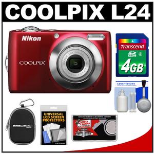 Nikon Coolpix L24 Digital Camera (Red) - Refurbished with 4GB Card + Case + Accessory Kit - Digital Cameras and Accessories - Hip Lens.com