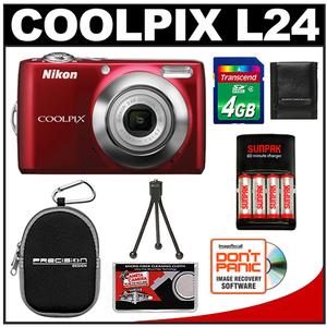 Nikon Coolpix L24 Digital Camera (Red) - Refurbished with 4GB Card + Case + (4) Batteries & Charger + Accessory Kit - Digital Cameras and Accessories - Hip Lens.com