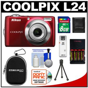 Nikon Coolpix L24 Digital Camera (Red) - Refurbished with 8GB Card + Case + (4) Batteries & Charger + Accessory Kit - Digital Cameras and Accessories - Hip Lens.com