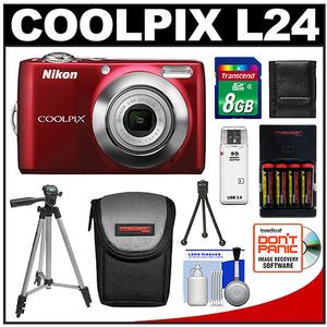 Nikon Coolpix L24 Digital Camera (Red) - Refurbished with 8GB Card + Case + (4) Batteries & Charger + Tripod + Accessory Kit - Digital Cameras and Accessories - Hip Lens.com