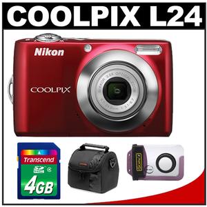 Nikon Coolpix L24 Digital Camera (Red) - Refurbished with 4GB Card + Underwater Housing + Case + Accessory Kit - Digital Cameras and Accessories - Hip Lens.com
