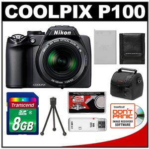 Nikon Coolpix P100 Digital Camera (Matte Black) - Refurbished with 8GB Card + EN-EL5 + Case + Accessory Kit - Digital Cameras and Accessories - Hip Lens.com