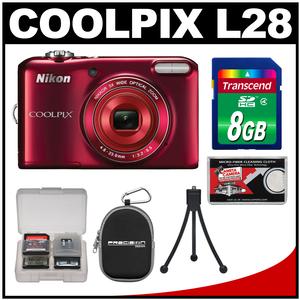 Nikon Coolpix L28 Digital Camera (Red) - Factory Refurbished with 8GB Card + Case + Flex Tripod + Accessory Kit