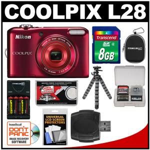 Nikon Coolpix L28 Digital Camera (Red) - Factory Refurbished with 8GB Card + Case + Batteries & Charger + Flex Tripod Kit