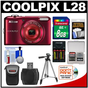 Nikon Coolpix L28 Digital Camera (Red) - Factory Refurbished with 8GB Card + Case + Batteries & Charger + Tripod + Kit