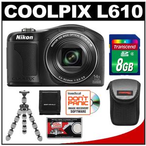 Nikon Coolpix L610 Digital Camera (Black) - Factory Refurbished with 8GB Card + Case + Flex Tripod + Accessory Kit