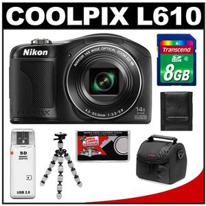 Nikon Coolpix L610 Digital Camera (Black) with 8GB Card + Case + Flex Tripod + Accessory Kit - Digital Cameras and Accessories - Hip Lens.com