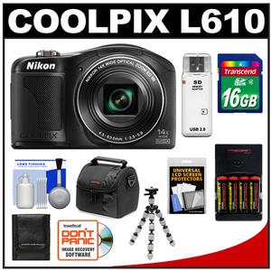 Nikon Coolpix L610 Digital Camera (Black) with 16GB Card + Batteries & Charger + Case + Flex Tripod + Accessory Kit - Digital Cameras and Accessories - Hip Lens.com