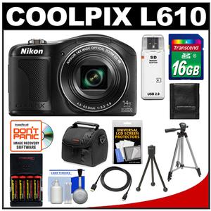 Nikon Coolpix L610 Digital Camera (Black) with 16GB Card + Batteries & Charger + Case + 2 Tripods + HDMI Cable + Accessory Kit - Digital Cameras and Accessories - Hip Lens.com