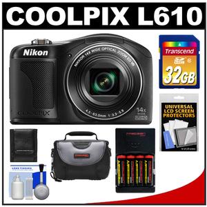 Nikon Coolpix L610 Digital Camera (Black) with 32GB Card + Batteries & Charger + Case + Accessory Kit - Digital Cameras and Accessories - Hip Lens.com