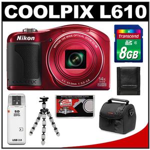 Nikon Coolpix L610 Digital Camera (Red) with 8GB Card + Case + Flex Tripod + Accessory Kit - Digital Cameras and Accessories - Hip Lens.com