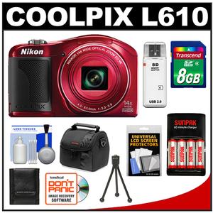 Nikon Coolpix L610 Digital Camera (Red) with 8GB Card + Batteries & Charger + Case + Accessory Kit - Digital Cameras and Accessories - Hip Lens.com