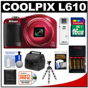 Nikon Coolpix L610 Digital Camera (Red) with 16GB Card + Batteries & Charger + Case + Flex Tripod + Accessory Kit